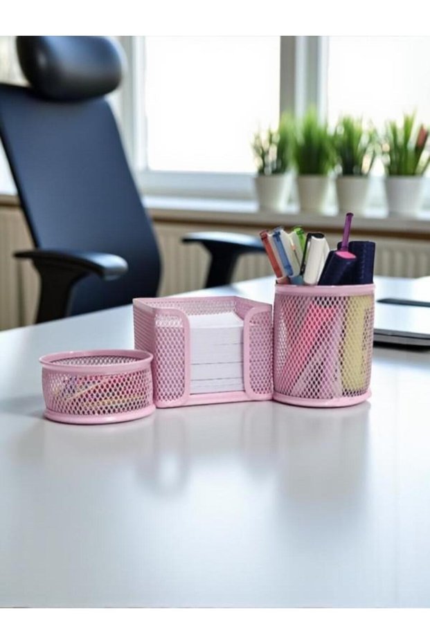 Desktop Perforated 3-Piece Powder Pink Pen Holder