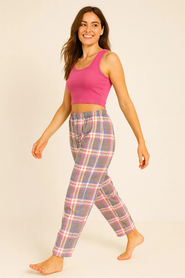 Women's Checkerboard Pajama Bottoms with Elastic Waist Plaid Pink-White