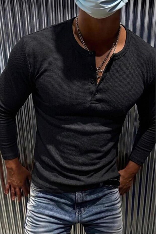 Zex Men's Waffle Textured Buttoned Judge/Henley Collar Basic Long Sleeve Top