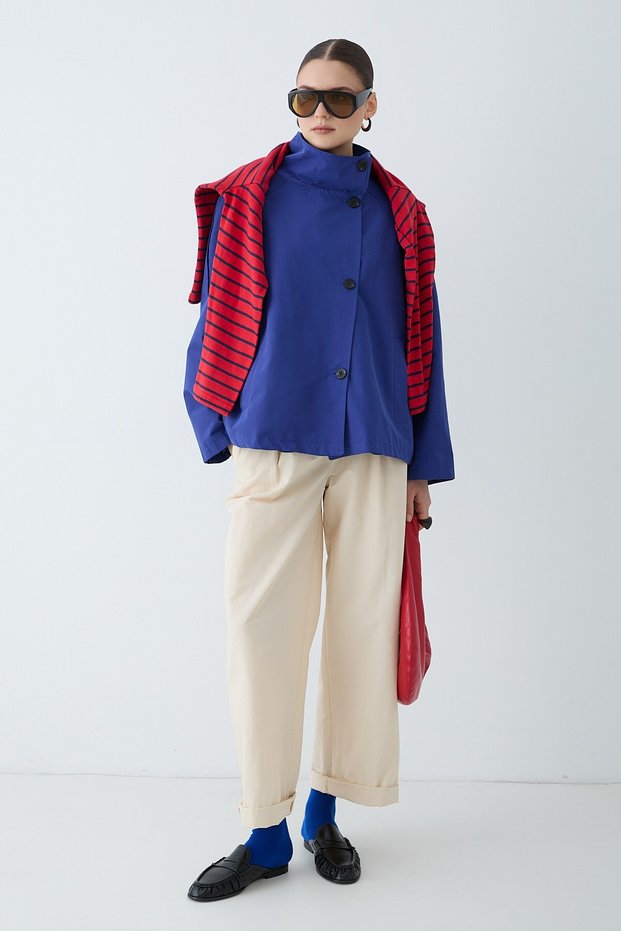 Women's Stand Collar Buttoned Pocket Detailed Long Sleeve Coat -Saks