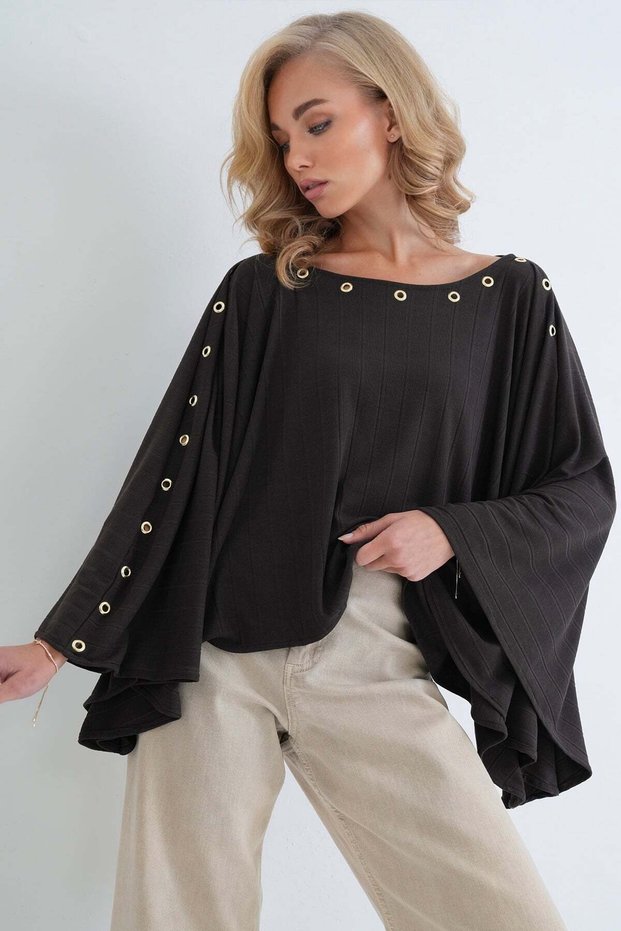 Women's brown bird-eye knit poncho blouse with boat neck - alc-x15862