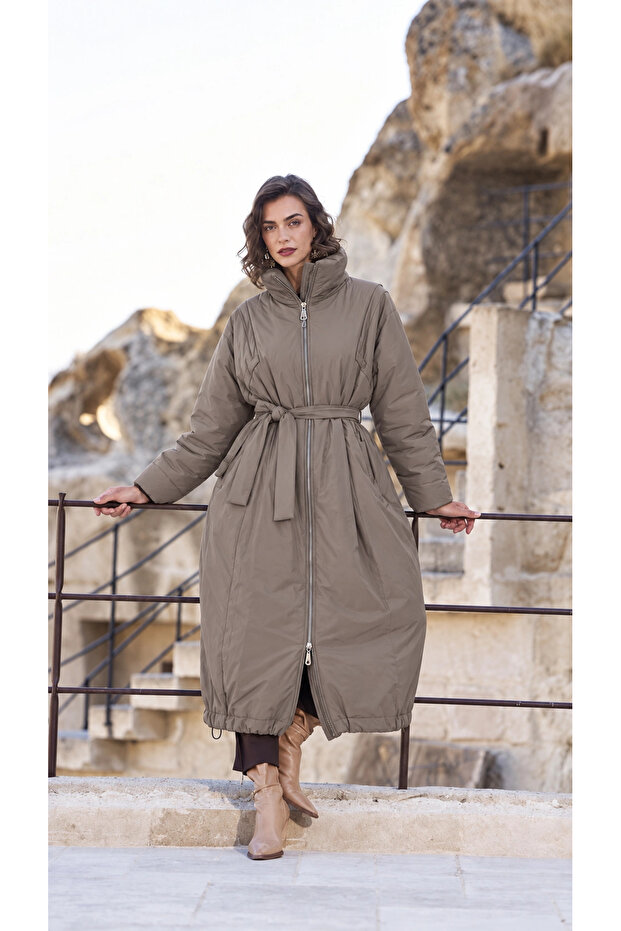 Inflatable Overcoat with Zipper and Stitching Detail 40502 Mink