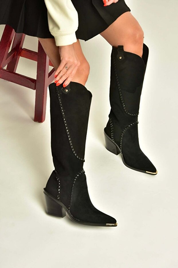 Z996008502 Black Suede Thick Heeled Cowboy Model Women's Boots