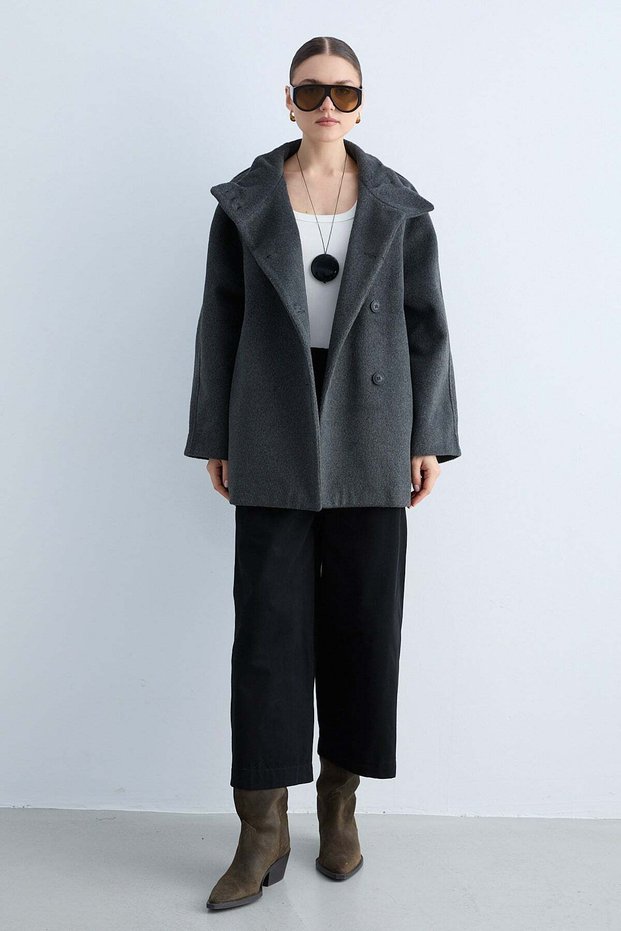 Women's Stand Collar Buttoned Oversize Coat with Wide Sleeves and Pocket Detail Short Winter Coat - Anthracite