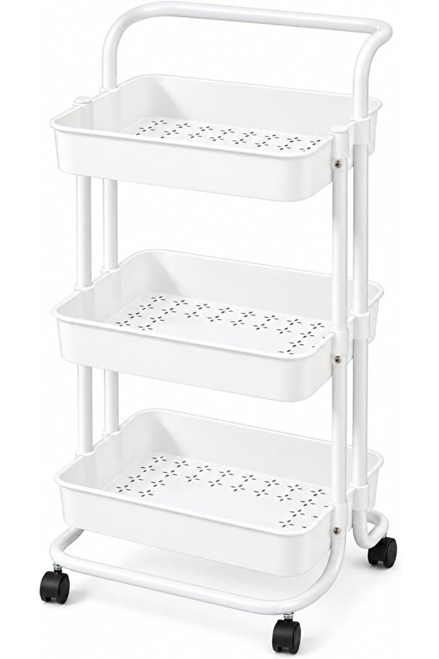 3-Tier Rolling Storage Cart, Utility Trolley with Wheels and Storage Baskets for Kitchen, Bathroom, Bedroom and Office, White
