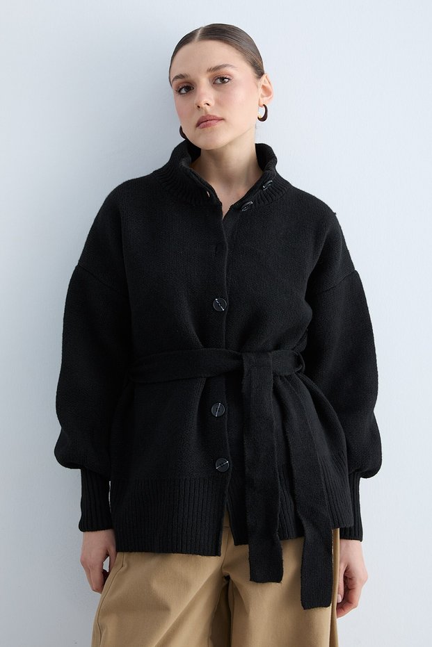 Women's Knitwear High Neck Buttoned Belted Cardigan Long Sleeve Relaxed Fit Knit Cardigan -Black