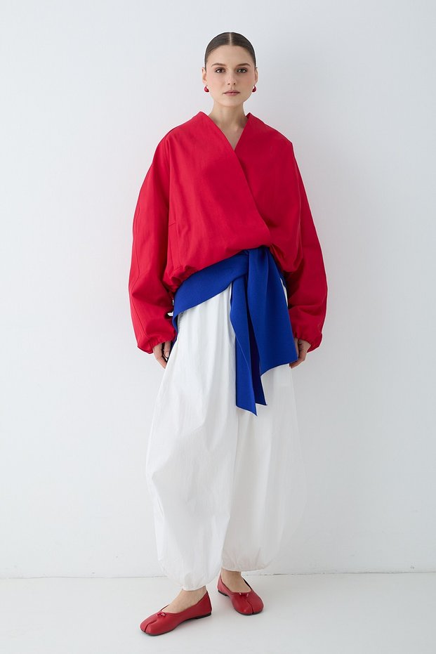 Women's Bomber Jacket with Stand Collar, Zipper Closure, and Elastic Sleeve Detail - Red