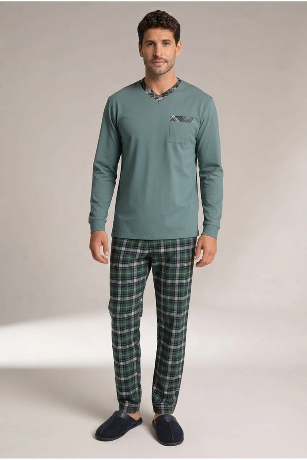 Juniper Green Checkered 100% Cotton Jersey V-Neck Long Pajama Set with Pockets