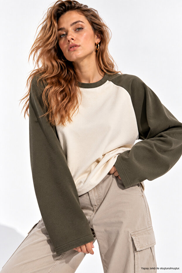 Women's Khaki Cream Oversize Raglan Sleeve Cotton Sweatshirt