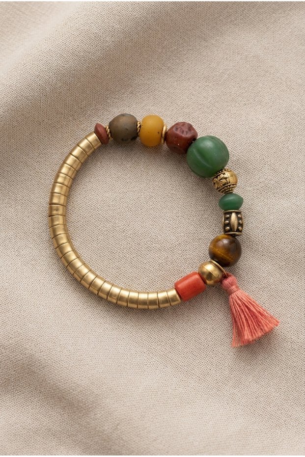 Handmade Colorful Glass Beads and Brass Apparatus Detailing Flexible Bracelet