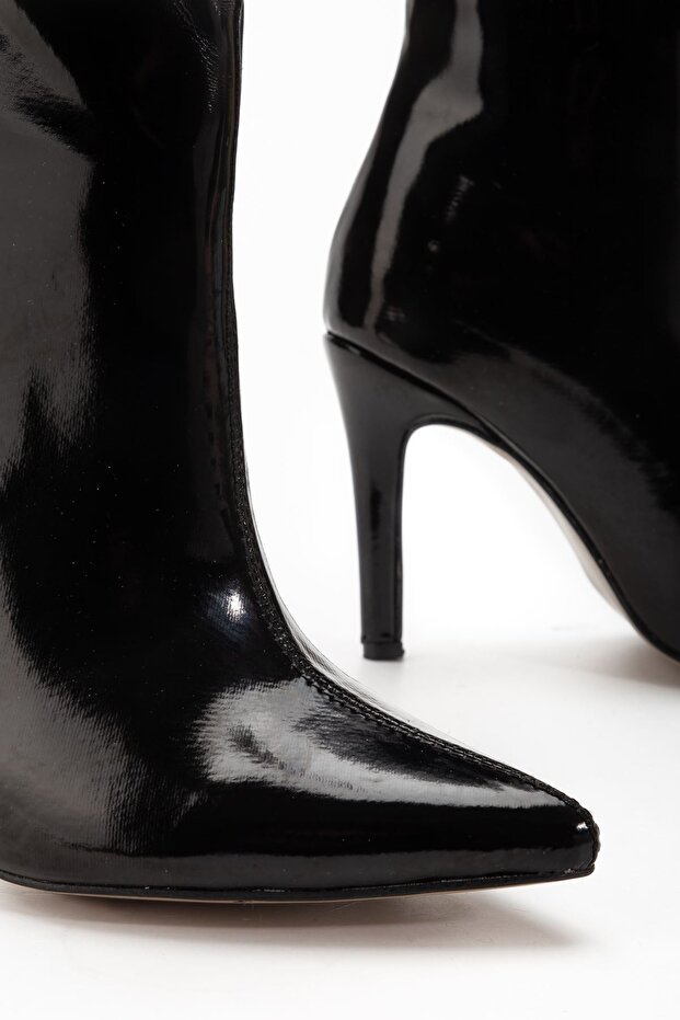 Zri̇nx-2004 Premium Black Patent Leather Pointed Toe Thin Heeled Women's Boots 9.5 cm
