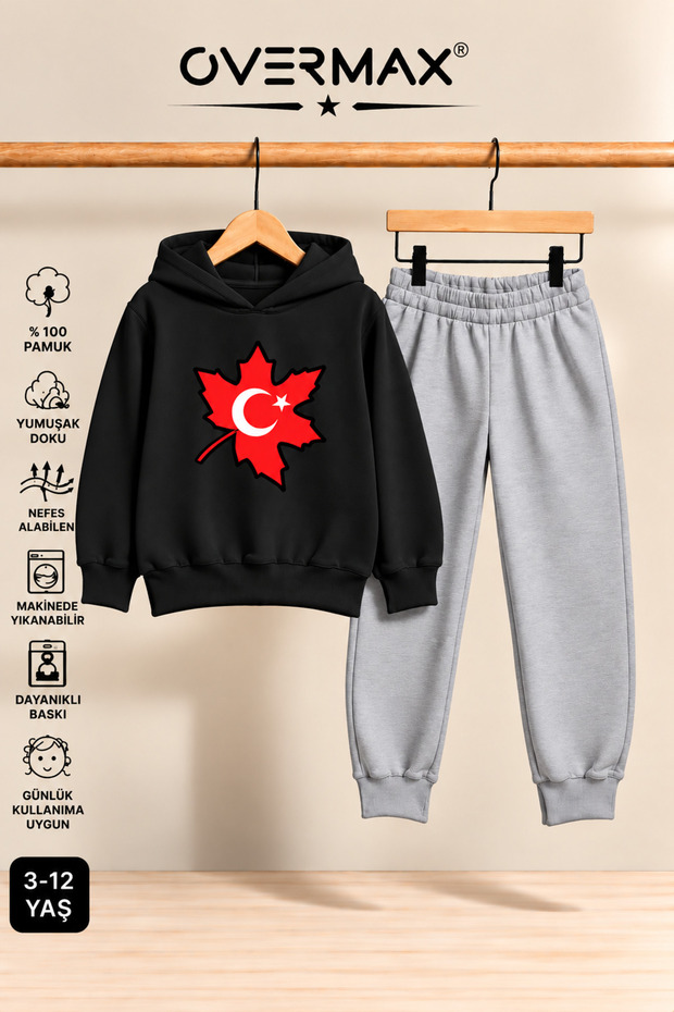 Turkish Flag Printed Children's Hooded Sweatshirt Tracksuit Set - Ages 3-12