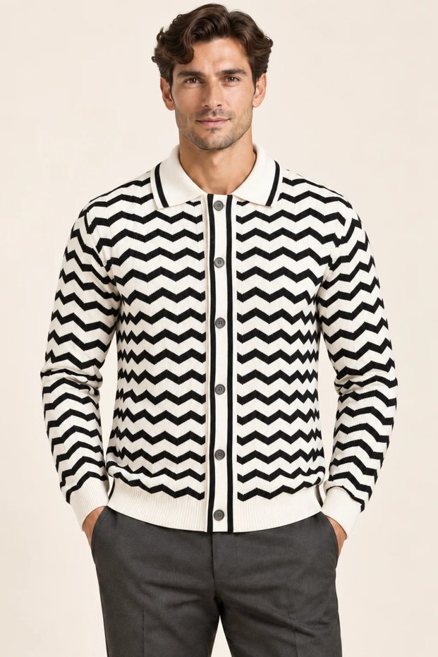 Men's Polo Collar Zigzag Patterned Buttoned Knitwear Cardigan Acrylic Blend Slim Fit
