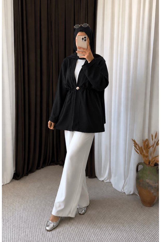 Dabıl Kimono with Additional Buttons and Elastic Waist - 5846 - Black