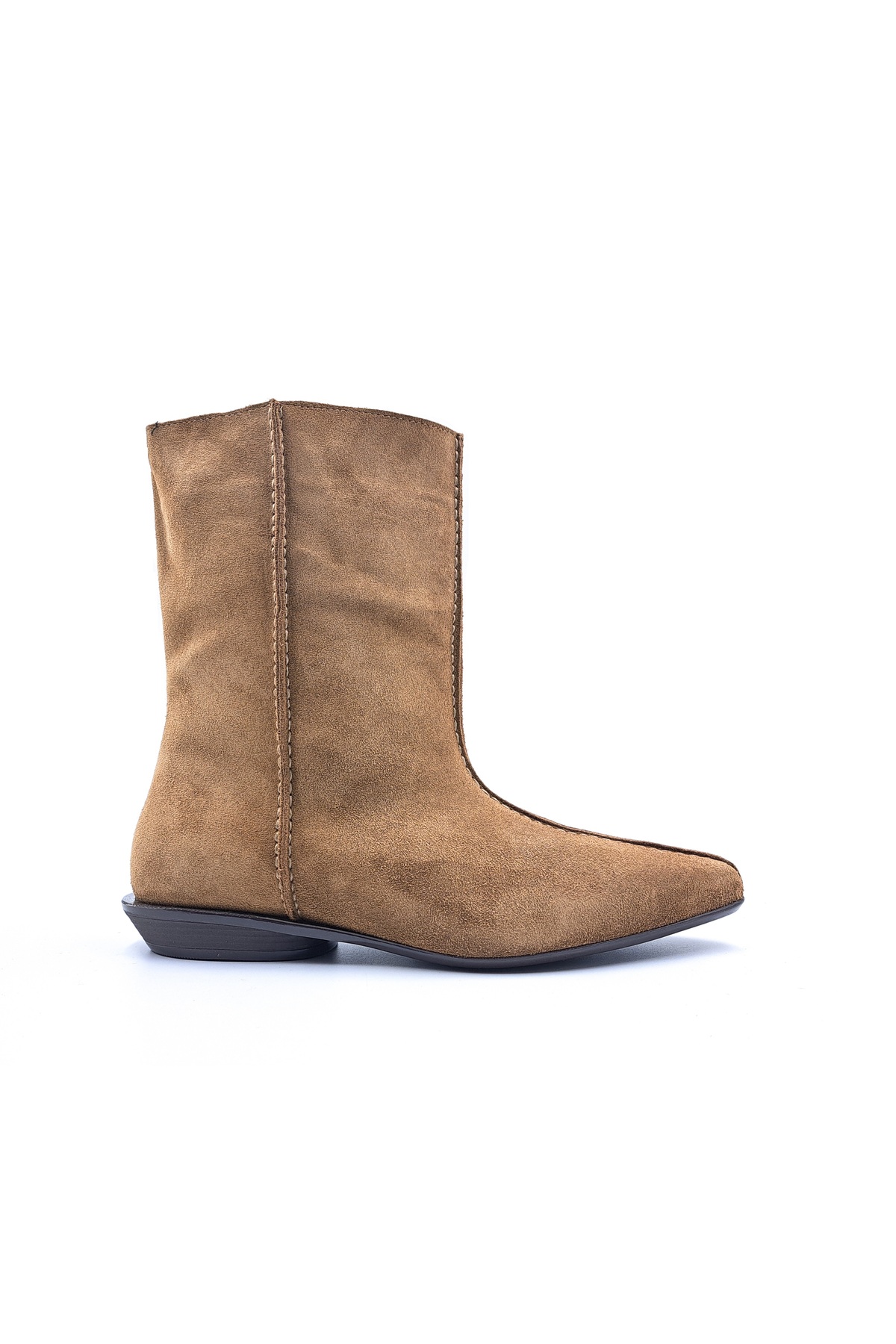 Genuine Suede Leather Pointed Toe Low Heeled Women's Camel Beige Color Suede Boots