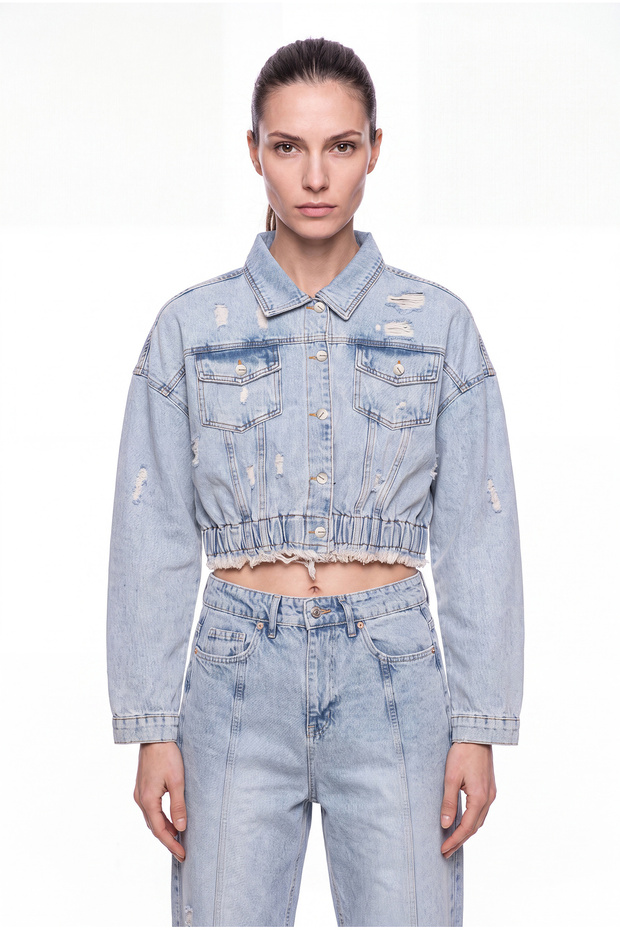 Women's Crop Oversize Distressed Jean Jacket Blue