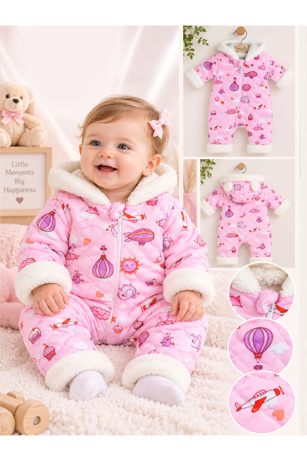 Baby Girl Hooded Winter Jumpsuit with Pattern and Zipper, Welsoft Inside