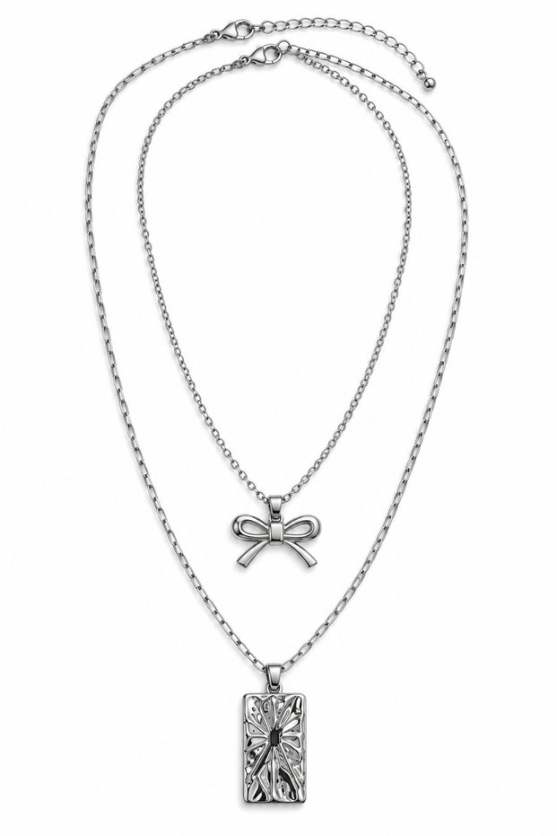 Silver Color Pole Star and Bow Pendant Set of 2