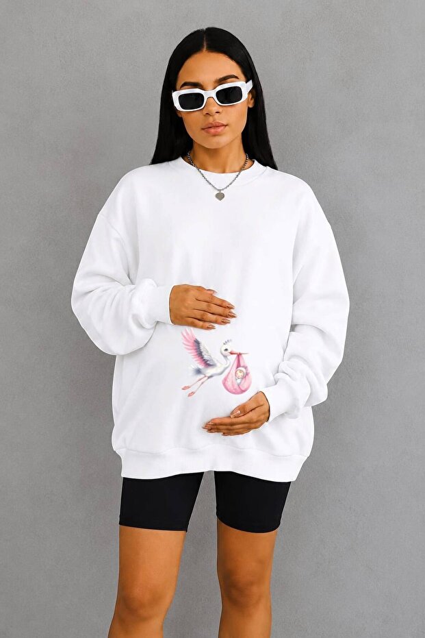 3 Yarn Combed Cotton Baby-Praying Stork Printed Maternity Sweatshirt Jw1
