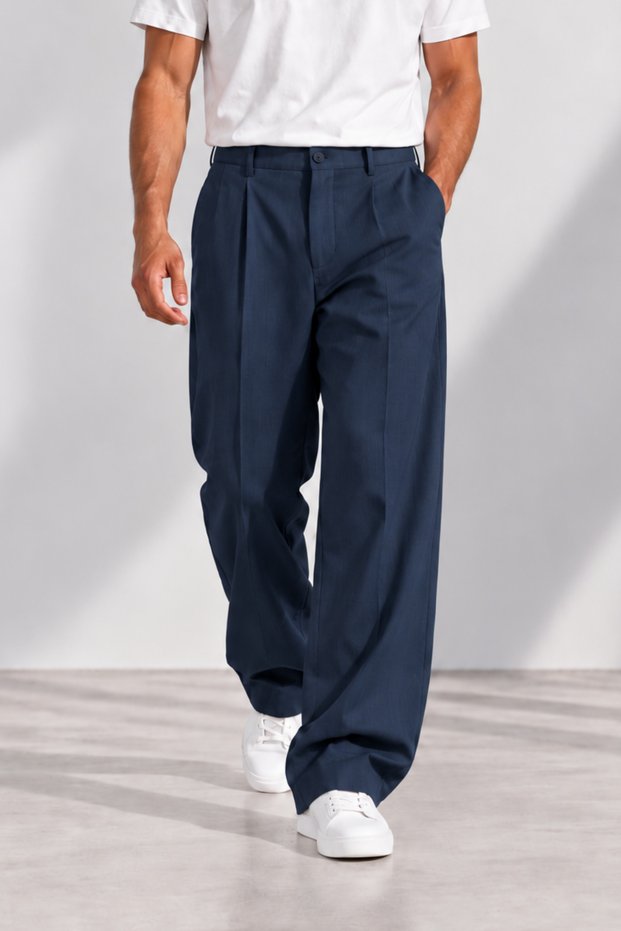 Large Size Men's Baggy Wide Leg Navy Blue Fabric Trousers