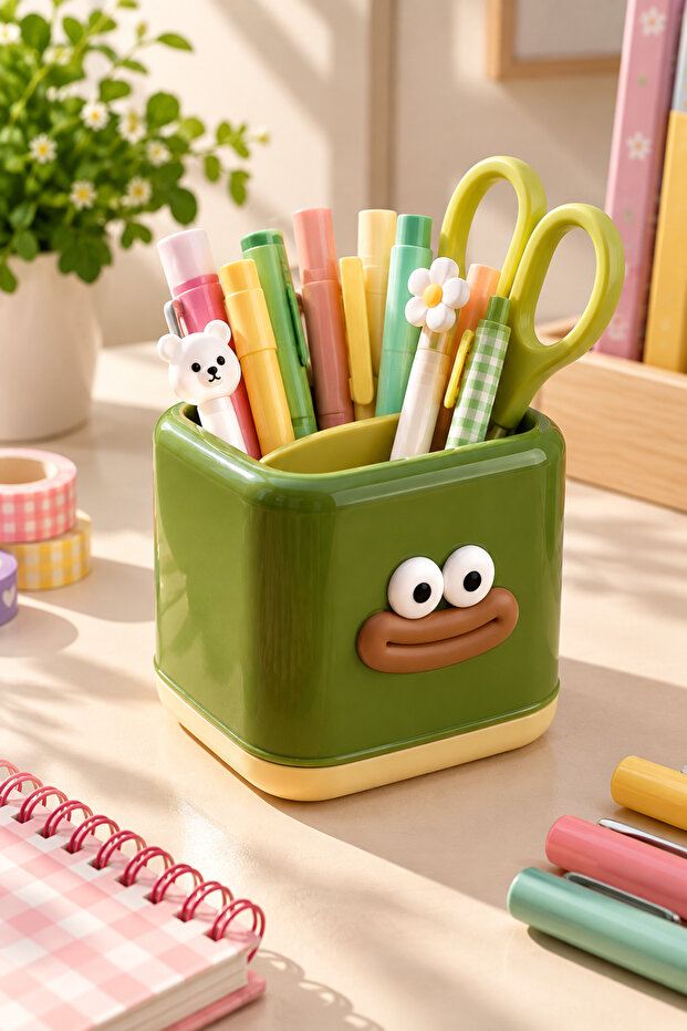 Green Decorative Desktop Pen Holder – Dual Compartment Organizer