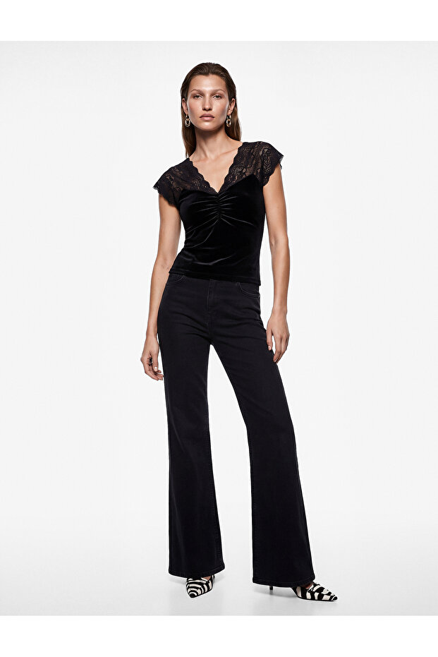 V-Neck Short Sleeve Gathered Velvet Blouse with Lace Detail