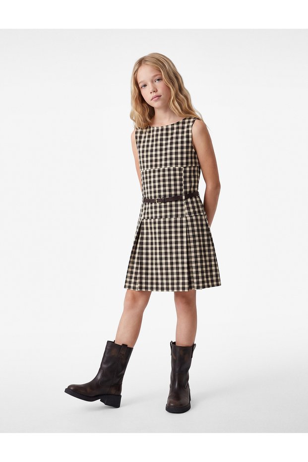 Pleated Crew Neck Plaid Sleeveless Belted Dress