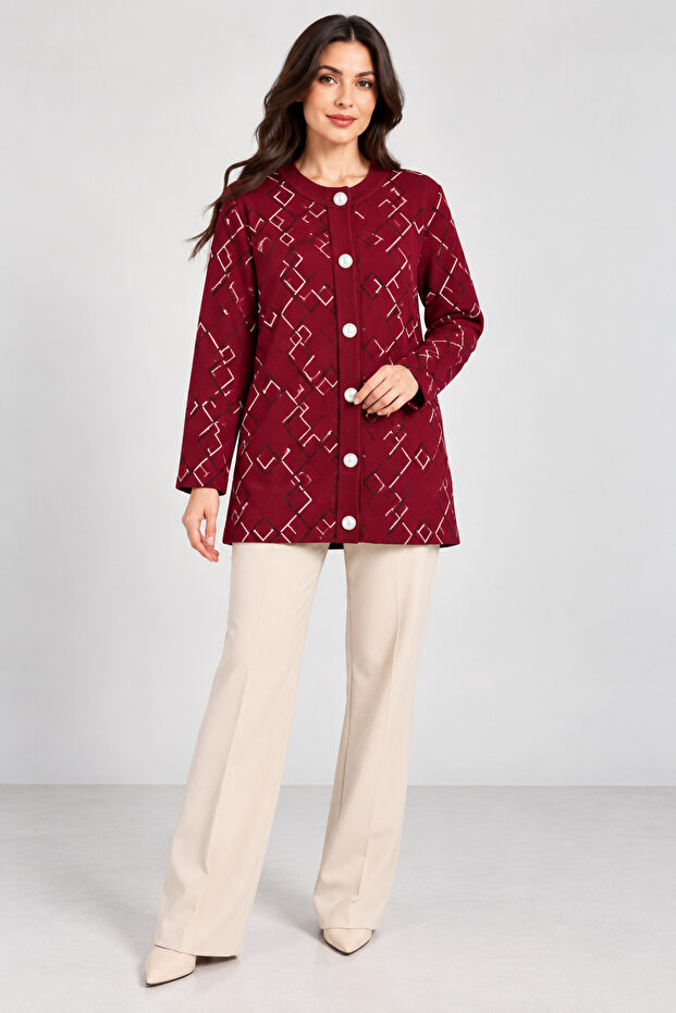 Women's Geometric Patterned Buttoned Long Knitwear Jacket
