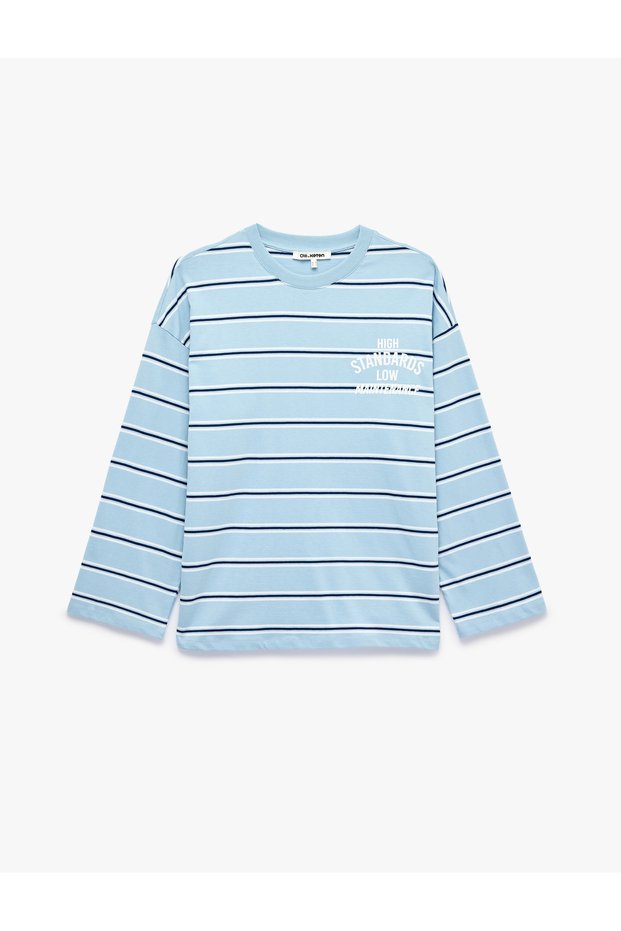 Cotton Comfortable Fit Striped Crew Neck Long Sleeve T-Shirt with Back Print