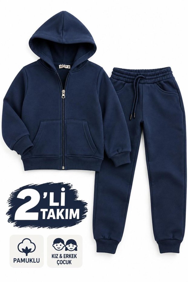 2'Li Takım Eşofman Altı-Hooded Zipper Sweatshirt 3 Thread Pile Inside School Casual Girl Boy Child Unisex