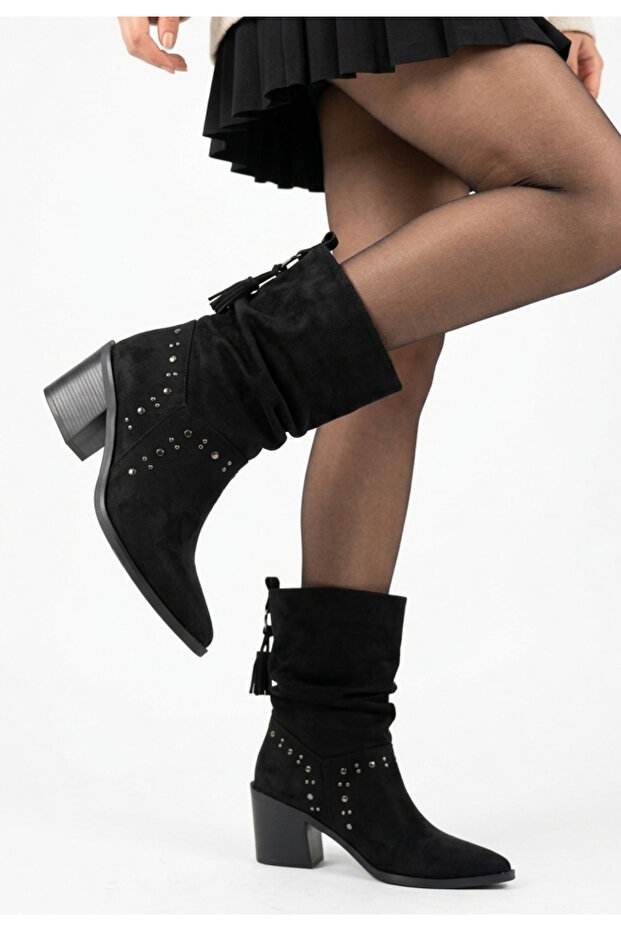 Kode Black Suede Heeled Bellows Boots