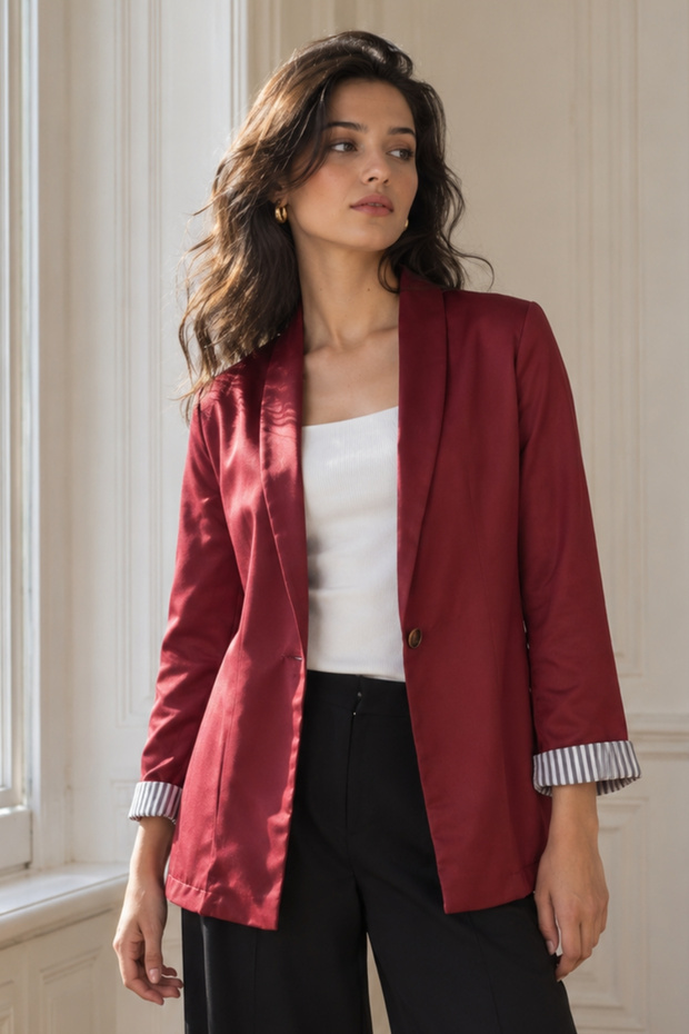 Women's Burgundy In-Sleeve Striped Single Button Jacket Arm-27K001026