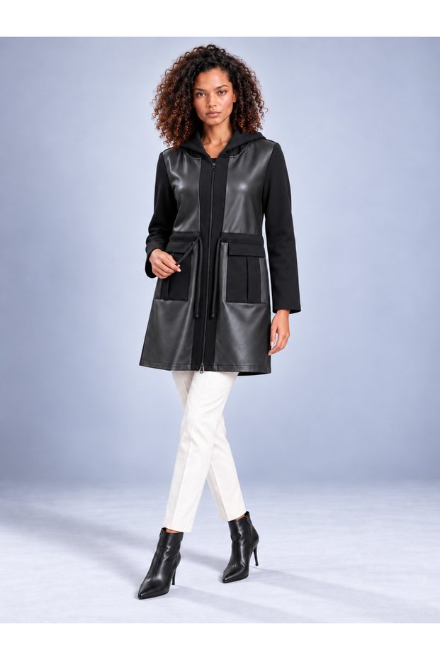 Women's Black Hooded Faux Leather Combination Jacket with Covered Pockets and Steel Fabric