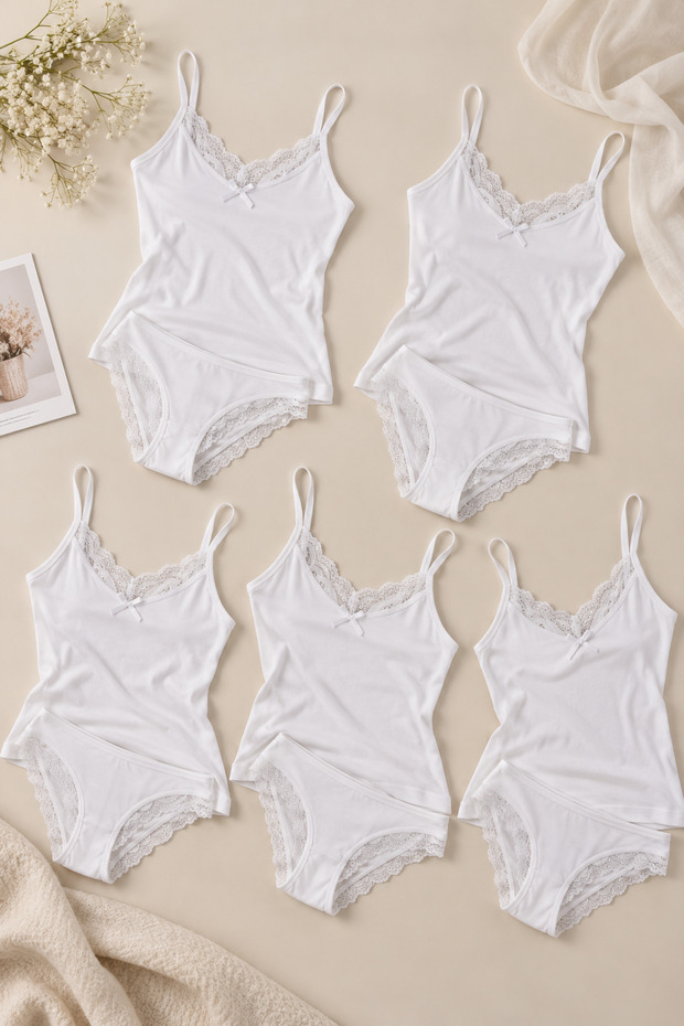 5-Piece Women's Lace Rope Strap Cotton Athlete Panties Underwear Set White