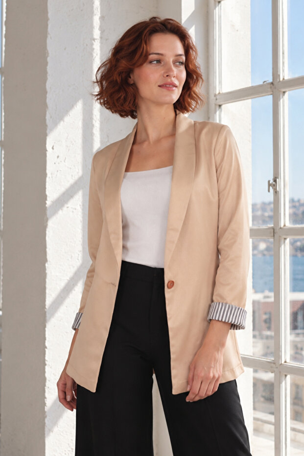 Women's Beige Striped Single Button Jacket Arm-27K001026