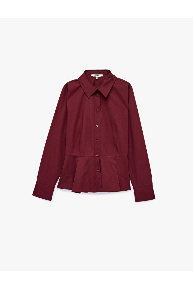 Cotton Buttoned Classic Collar Long Sleeve Pleated Peplum Shirt