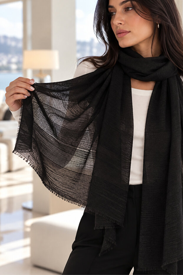 Women's Black Thick Striped Shawl Arm-27K001034