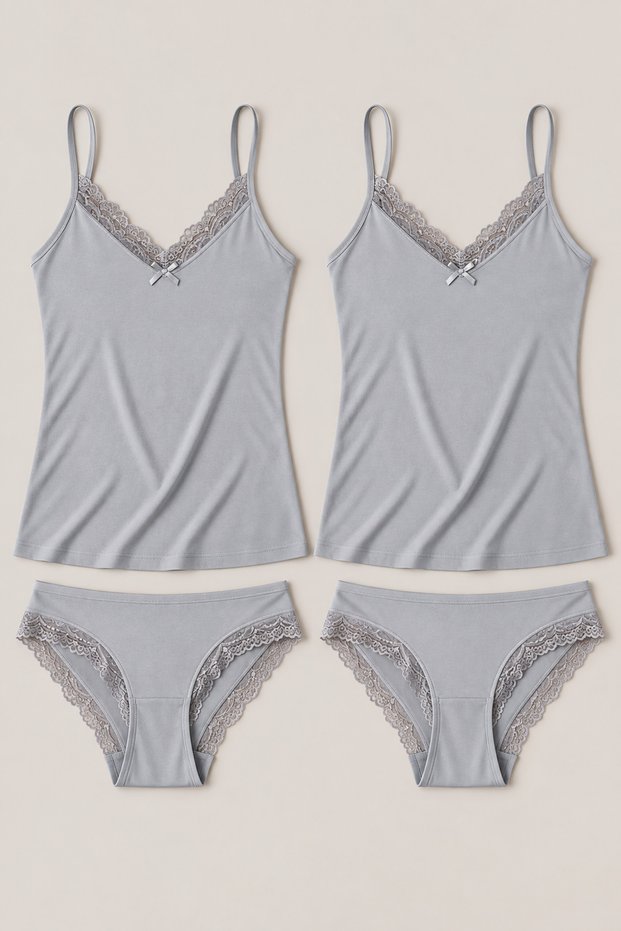 2-Piece Women's Lace Rope Strap Cotton Athlete Panties Underwear Set Blue