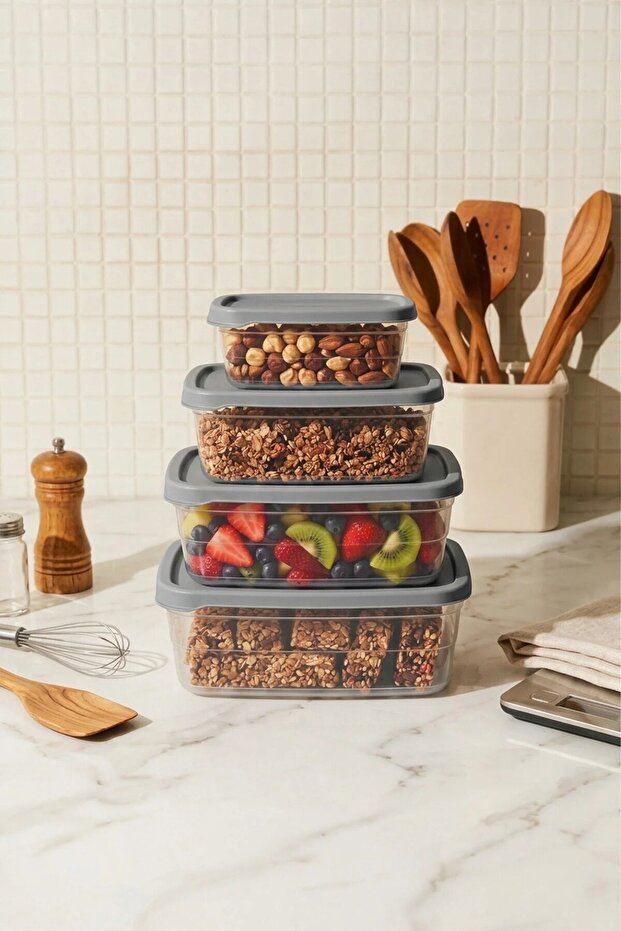 Set of 4 Rectangular Storage Containers (0.30Ml-0.60Ml-1.2L-2L) Freezer Compatible