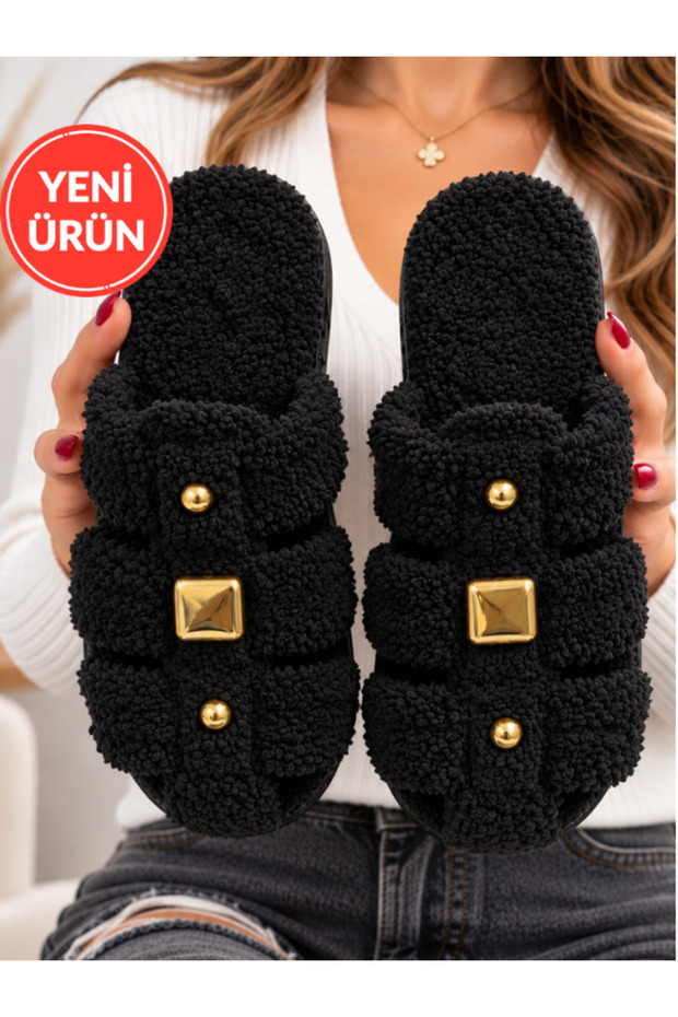 Women's Black Plush Cross-Strapped House Slippers with Gold Accessories, Cage Model House Slippers, Dowry Gift Slippers Stc1372