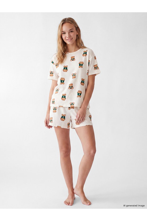 Two Mt Shop Quality Lcw Young Pink Combed Cotton Printed Short Sleeve Women's Shorts Pajama Set