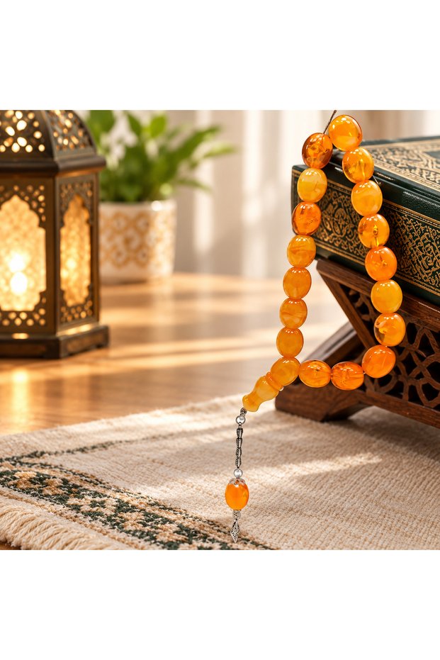 17-Piece Şak Şak Prayer Beads - 15 mm Special Design Amber Look Prayer Beads
