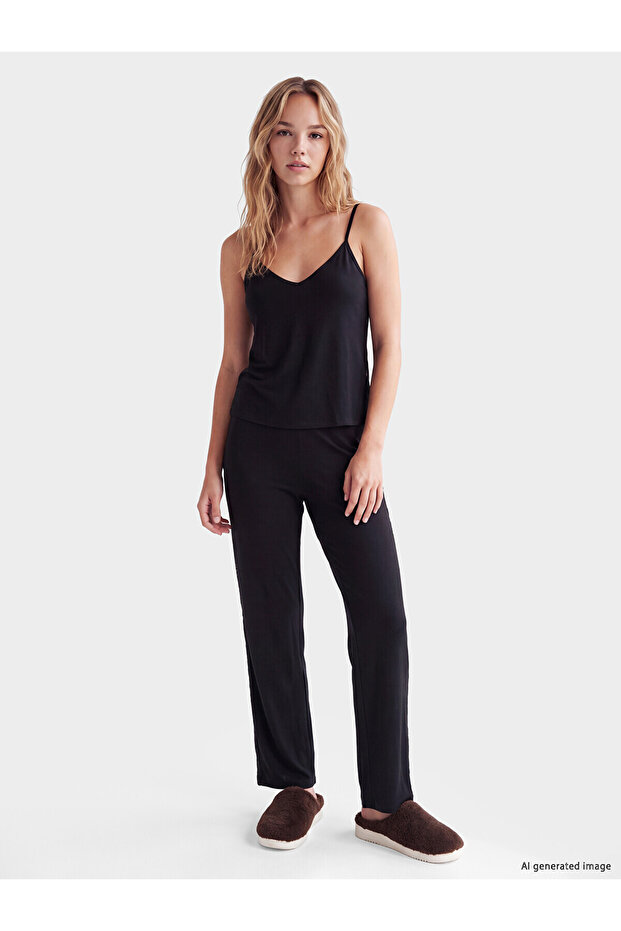 Alita City with a Difference, Lcw Dream Black Combed Cotton Plain Strap Women's Pajama Set