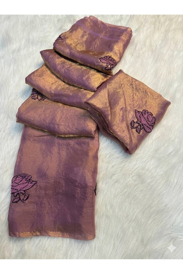 Onion Pink Space Fendy Silk Floral Embroidered Saree - KTS101614 | Onion Pink