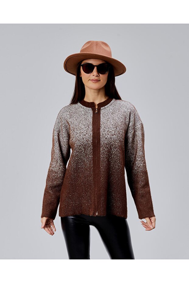 Women's Brown Gradient Knitwear Cardigan – Zippered Crew Neck