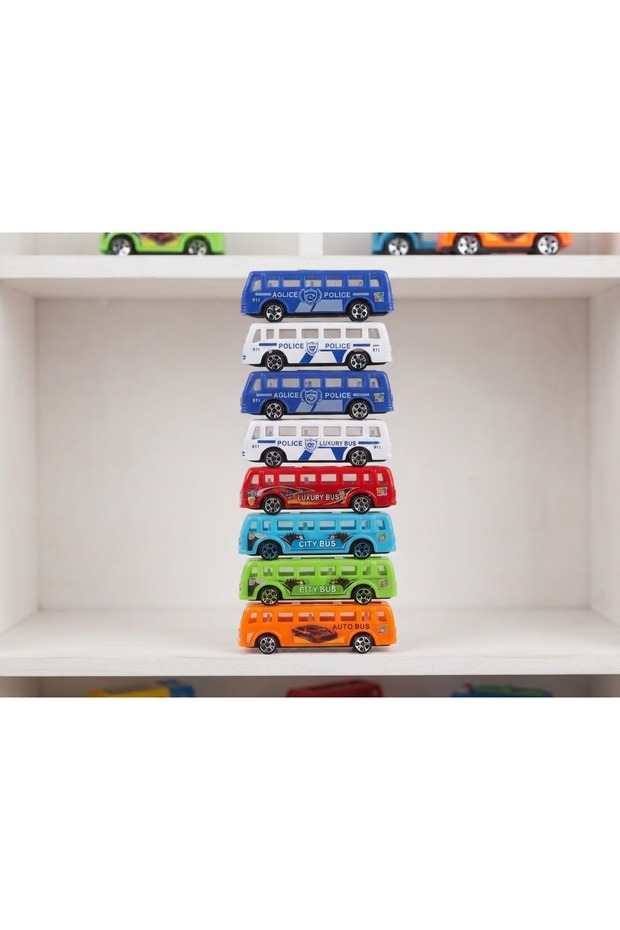 Megapaket 8-Piece City and Police Bus Set, Colorful and Unbreakable Toy Vehicles, Ages 3+