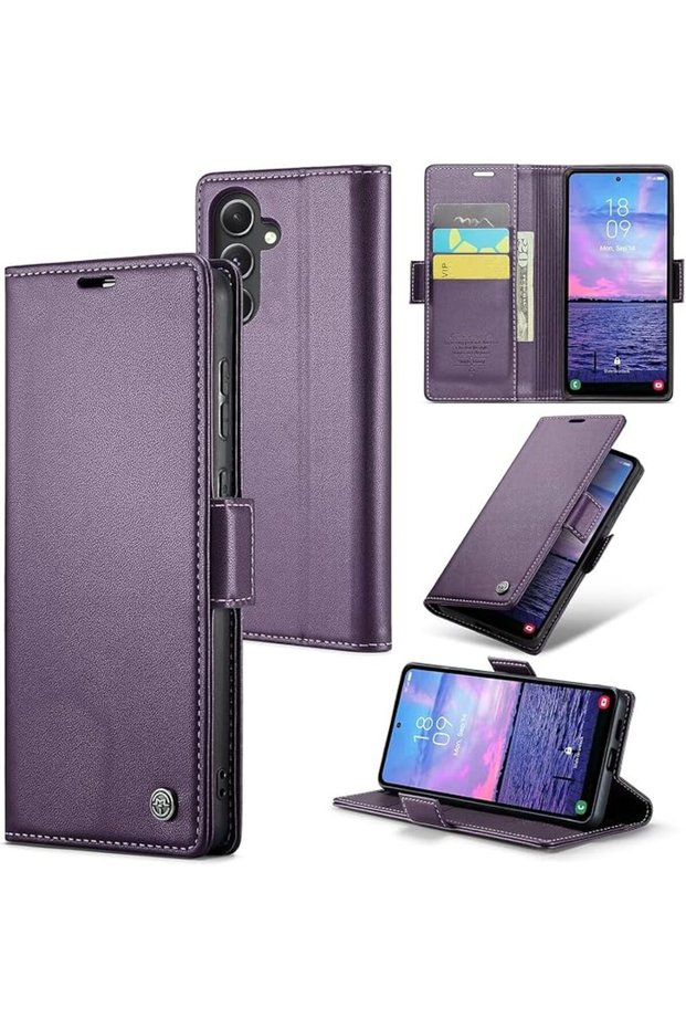 حافظة محفظة لهاتف سامسونج جالاكسي S23 FE مع حامل بطاقات مزود بخاصية حجب RFID، ومسند قابل للطي من الجلد