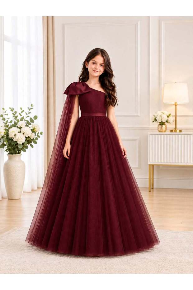 Girls' One-Shoulder Bow Cape Long Tulle Evening Gown - Ball Gown Style Wedding Graduation Dress