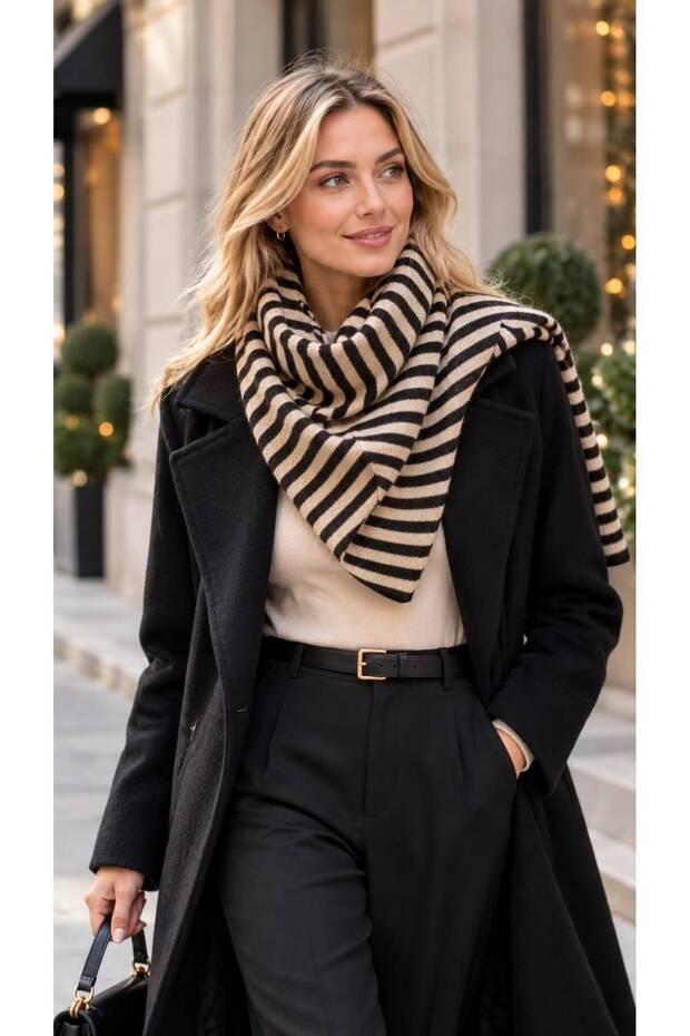 Beige-Brown Striped Triangle Shawl