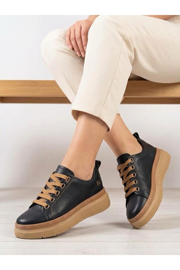 Women's Black Genuine Leather Orthopedic Sole Daily Casual Shoes
